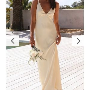 Yellow satin maxi bridesmaid dress